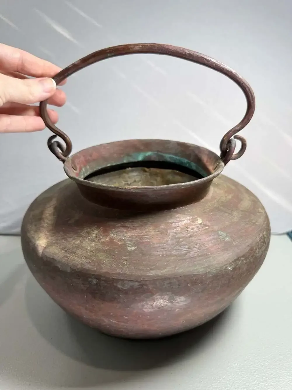 Antique Hand Hammered Copper Pot Cauldron Bail Handle Verdigris Patina Primitive